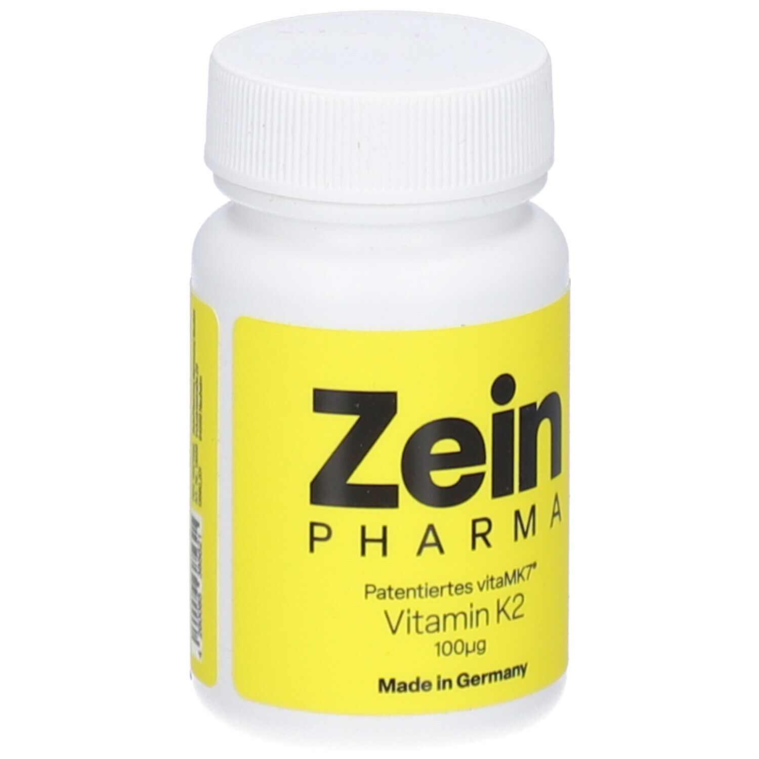 Flacon blanc avec étiquette jaune. Inscription: Zein Pharma, Vitamine K2 100µg, Fabriqué en Allemagne.