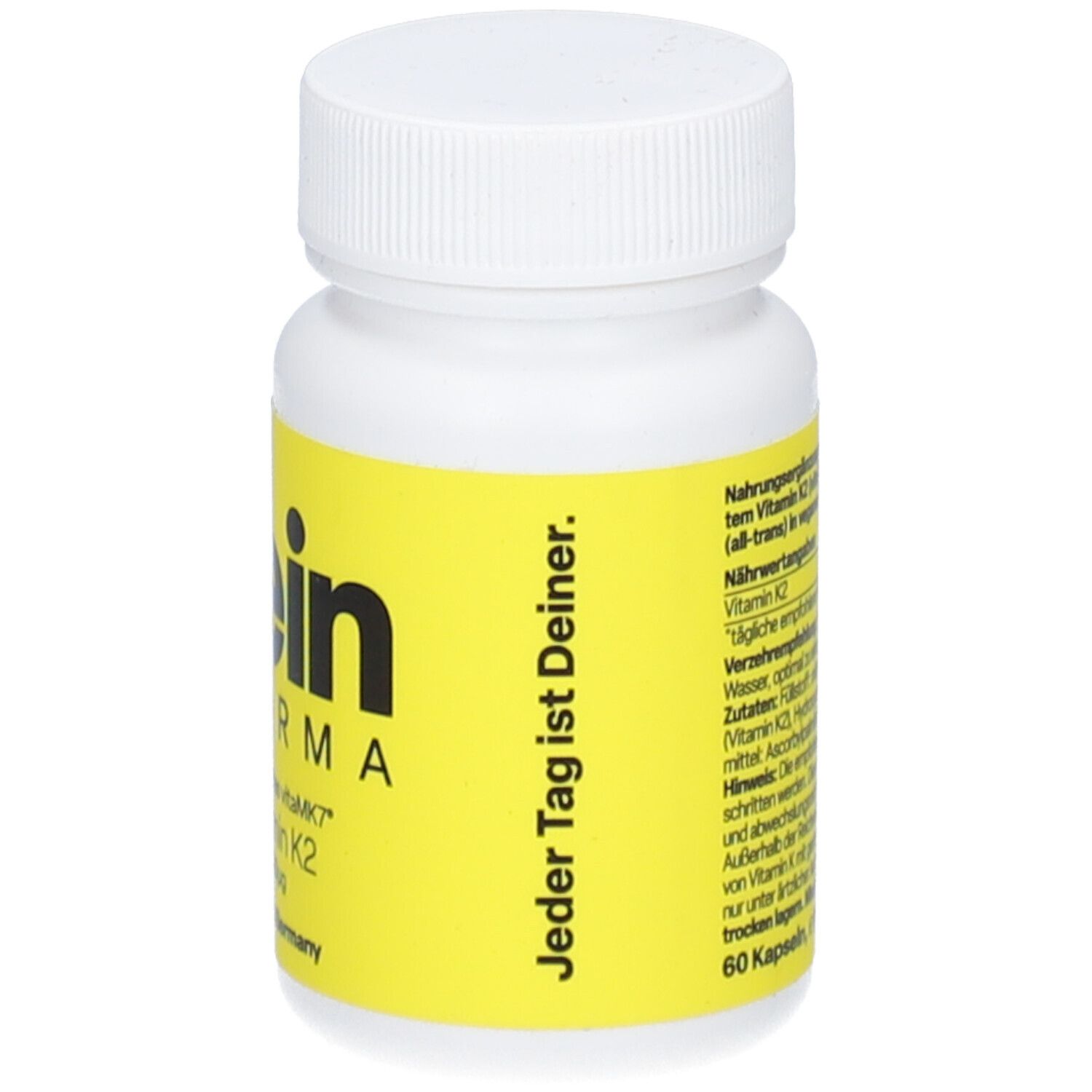 Flacon blanc avec étiquette jaune. Inscription: Zein Pharma. Texte: Chaque jour est le vôtre. Contient 60 gélules.