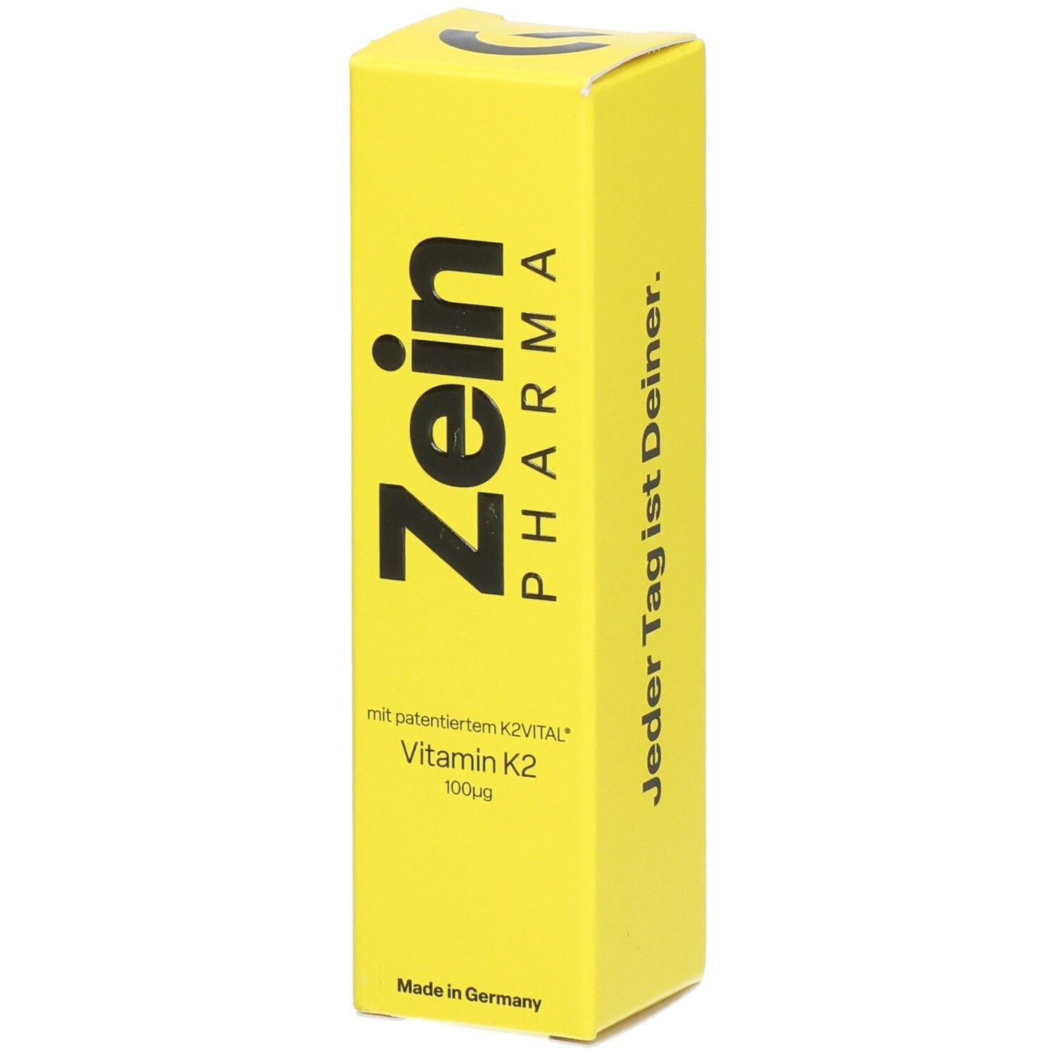 Gelbe Schachtel mit schwarzem Zein Pharma Logo und Text. Enthält Vitamin K2 100µg. Hergestellt in Deutschland.