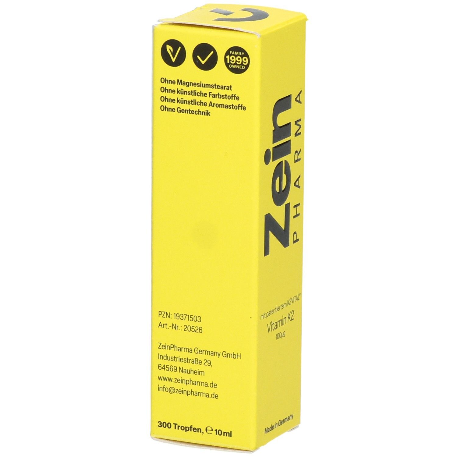 Gelbe Schachtel mit schwarzem Zein Pharma Logo und Text. Enthält Vitamin K2 100µg. Mit 300 Tropfen, 10ml.