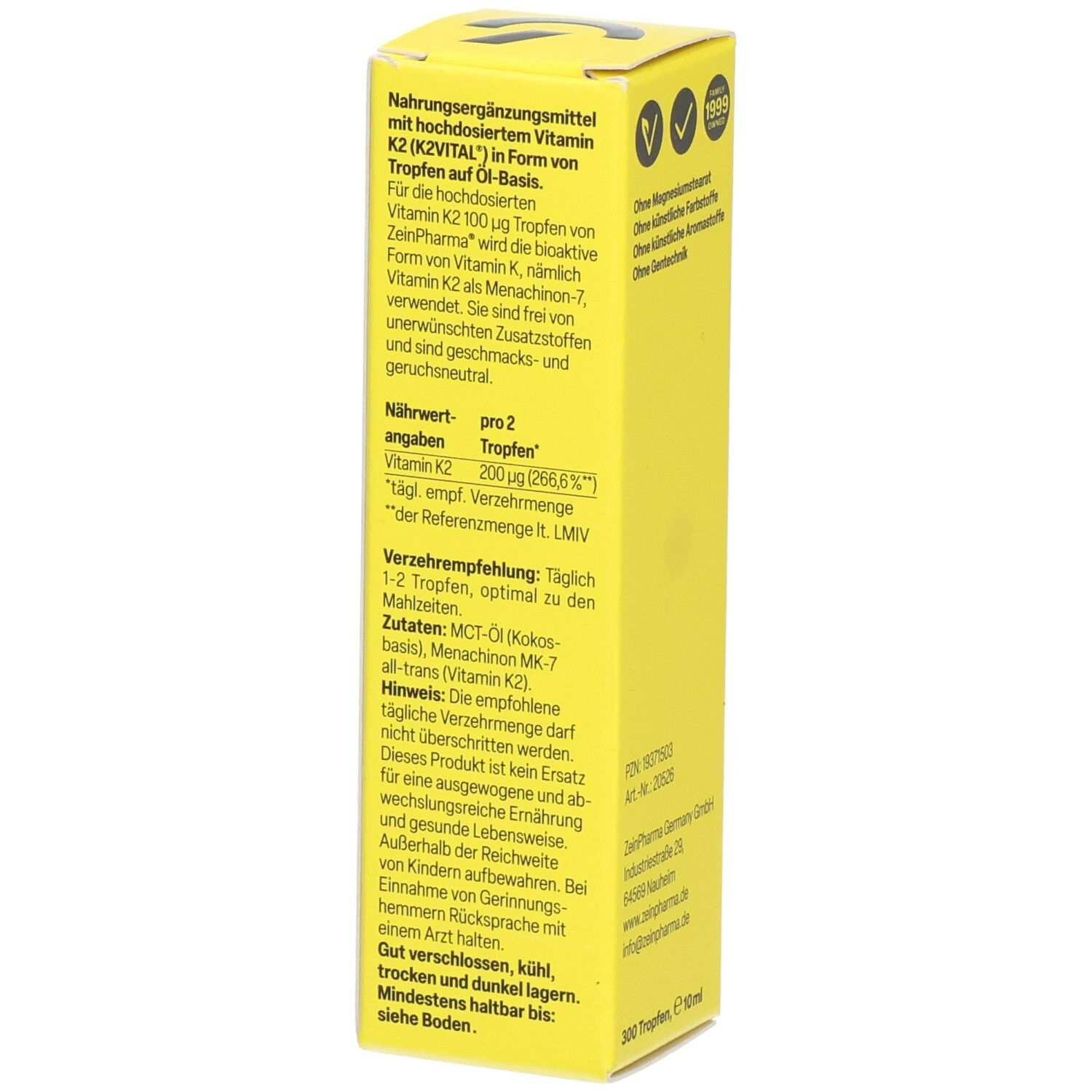 Gelbe Schachtel mit Text. Enthält Vitamin K2 in Tropfenform. Informationen zu Inhaltsstoffen und Verzehrempfehlung.