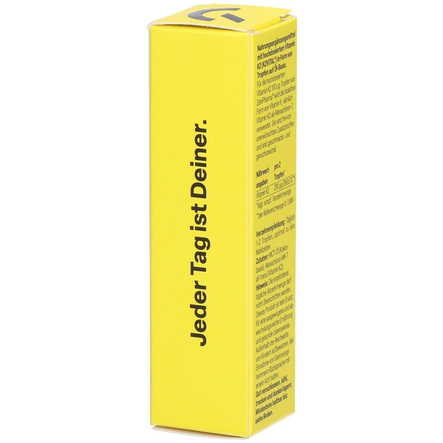 Gelbe Schachtel mit Text. Aufschrift: Jeder Tag ist Deiner. Enthält Informationen über das Produkt.