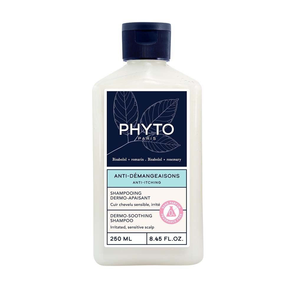 Flacon blanc, bouchon bleu. Étiquette avec logo et texte: Shampooing anti-démangeaisons. 250 ml.