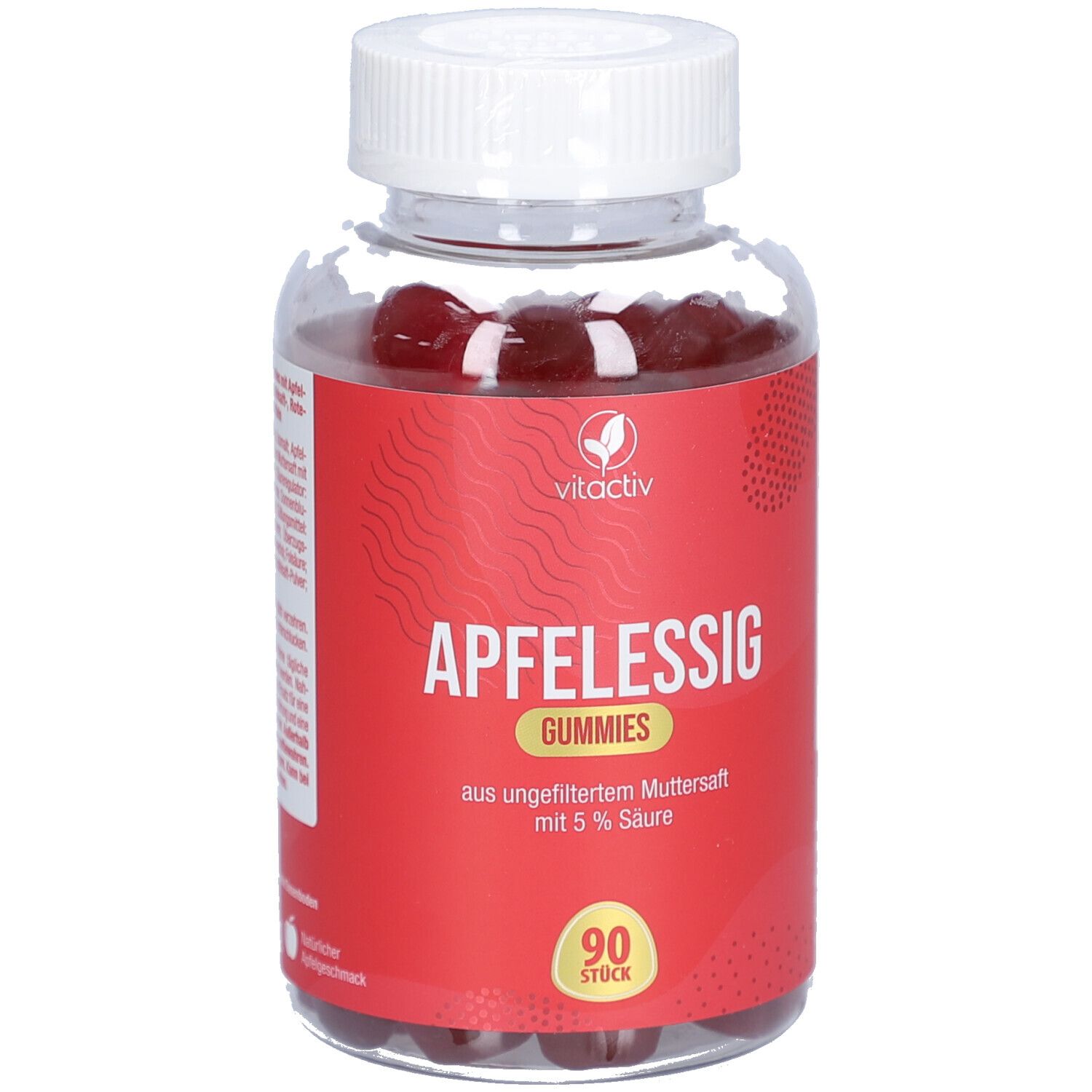 Produktflasche mit Gummies. Text: Apfelessig Gummies, vitactiv Logo, 90 Stück. Zutatenliste, Hinweise.