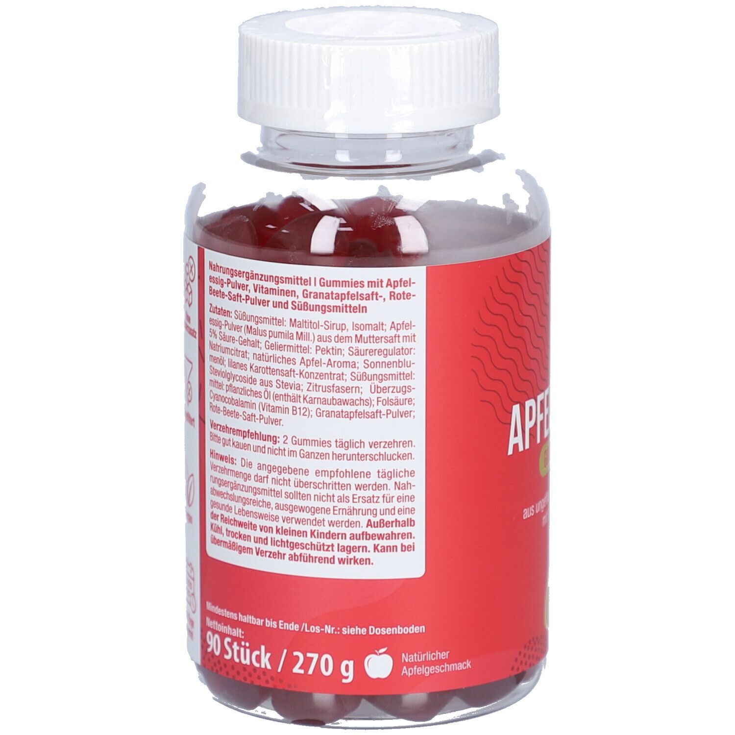 Rückseite der Flasche mit Gummies. Text: Ohne Zuckerzusatz, ungefiltert, vegan, 45 Tage Vorrat, 90 Stück.