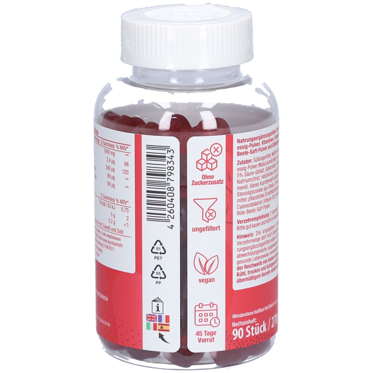 Produktflasche mit Gummies. Text: Apfelessig Gummies, vitactiv Logo, 90 Stück.