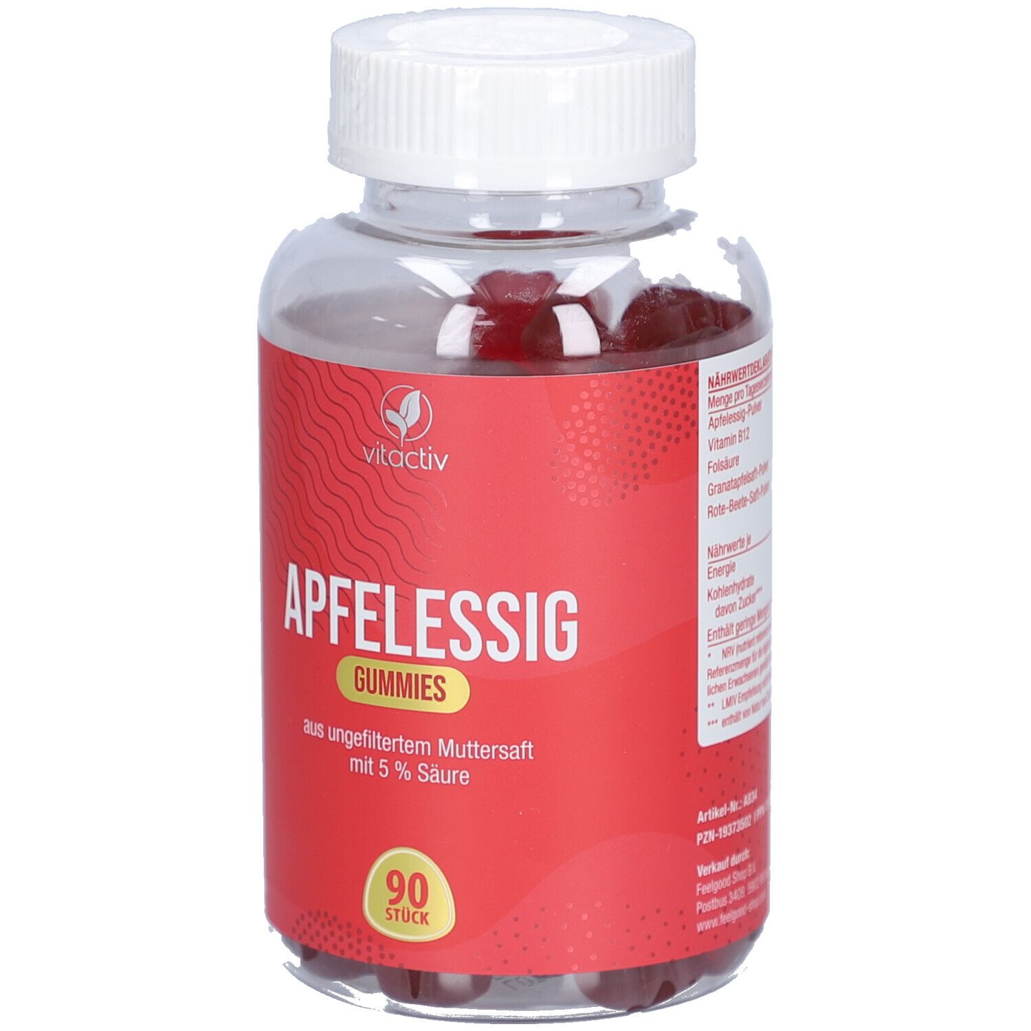 Nährwertdeklaration. Text: Apfelessig-Pulver, Vitamin B12, Folsäure, Granatapfelsaft-Pulver, Rote-Beete-Saft-Pulver. 2 Gummies.