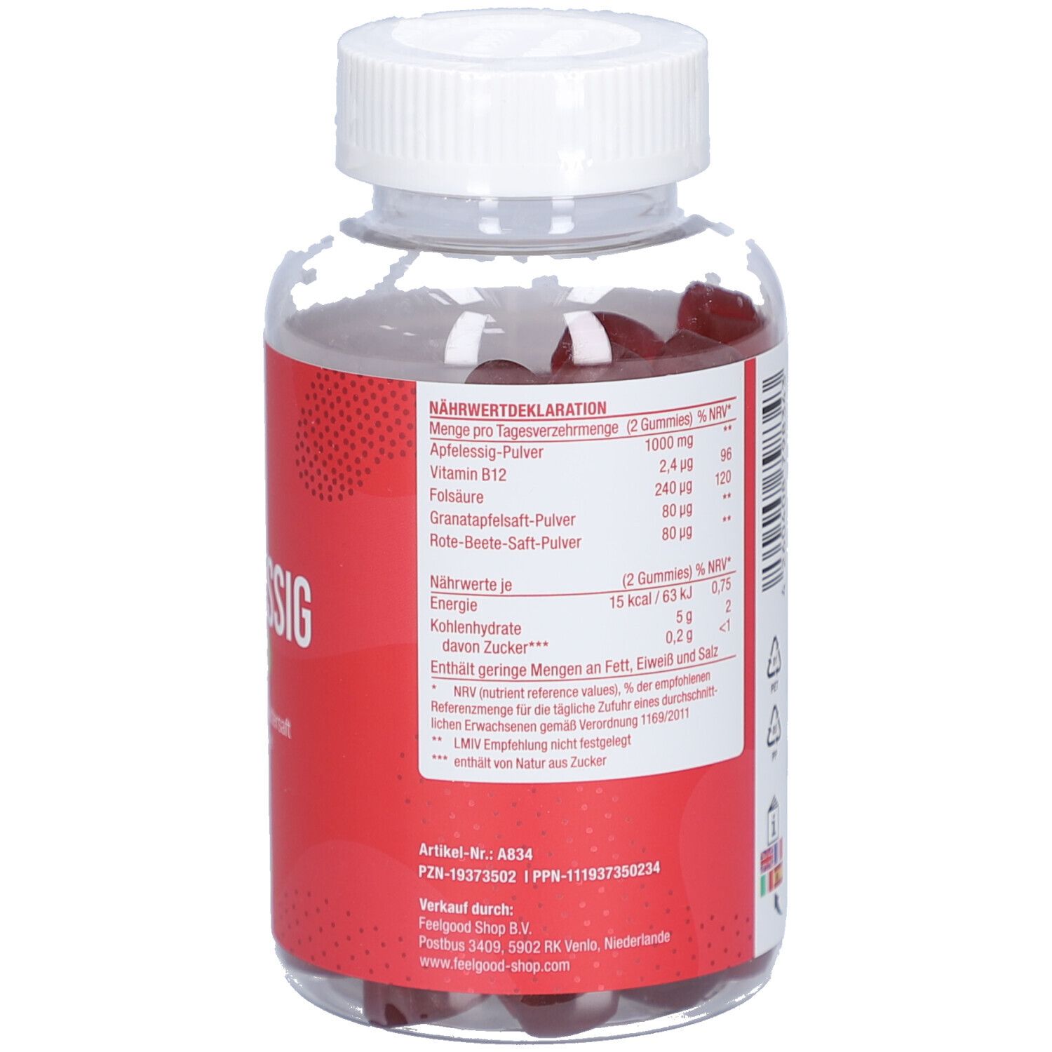 Produktflasche mit Gummies. Text: Apfelessig Gummies, vitactiv Logo, 90 Stück.