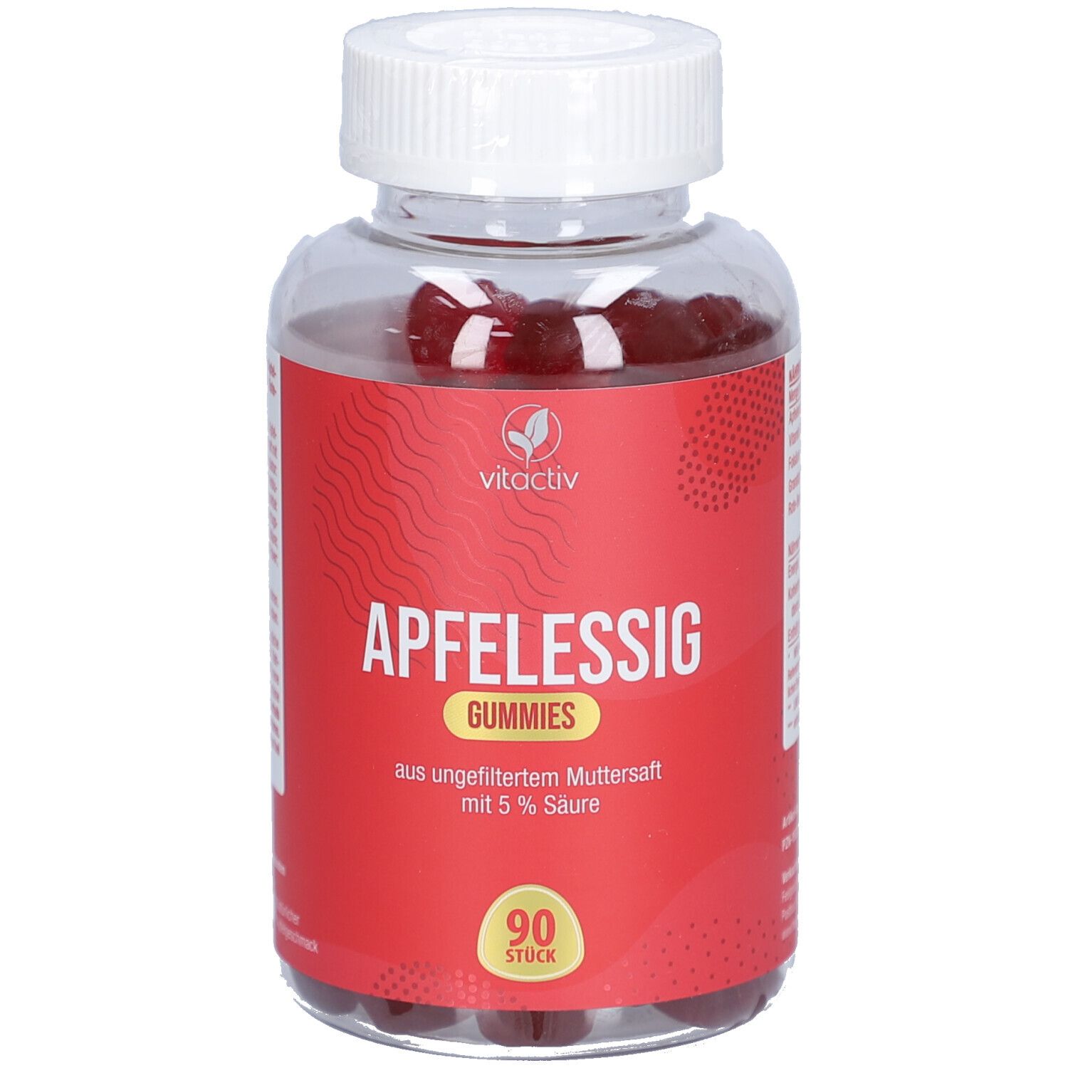 Produktflasche mit Gummies. Text: Apfelessig Gummies, vitactiv Logo, 90 Stück.