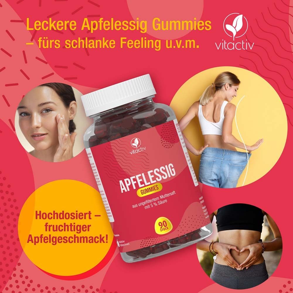 Produktflasche mit Gummies, umgeben von Bildern. Text: Apfelessig Gummies, vitactiv Logo, 90 Stück. Bilder von Frauen.