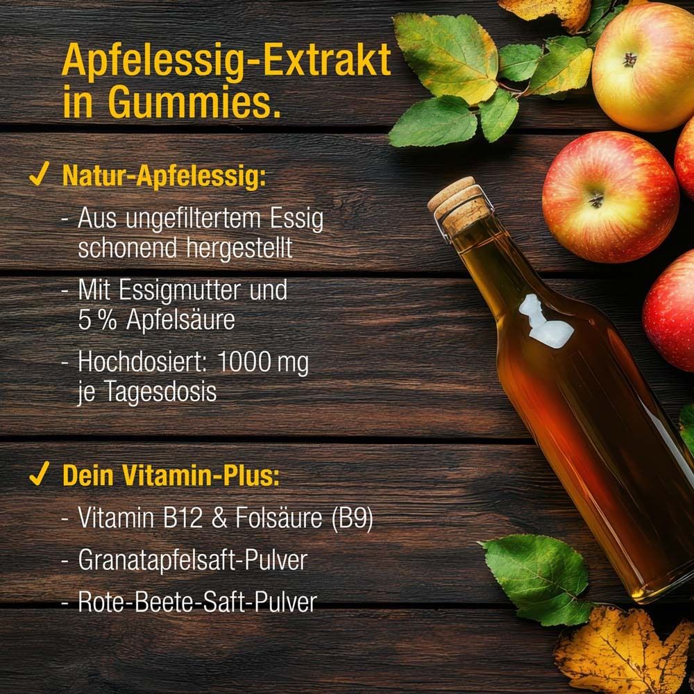 Holzbrett mit Apfelessig-Extrakt in Gummies. Text: Natur-Apfelessig, mit Essigmutter, 5% Apfelsäure, 1000 mg. Äpfel.