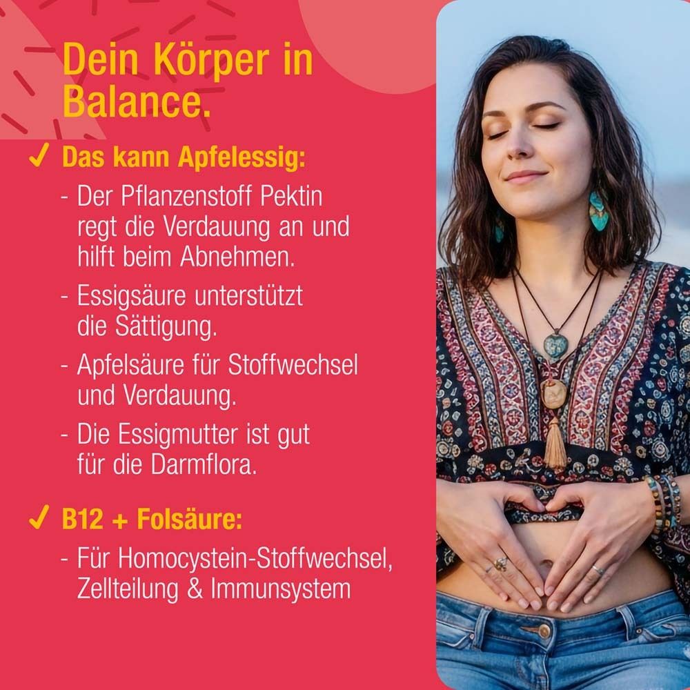 Frau mit geschlossenen Augen. Text: Dein Körper in Balance. Apfelessig, Pektin, Essigsäure, Apfelsäure, B12 + Folsäure.