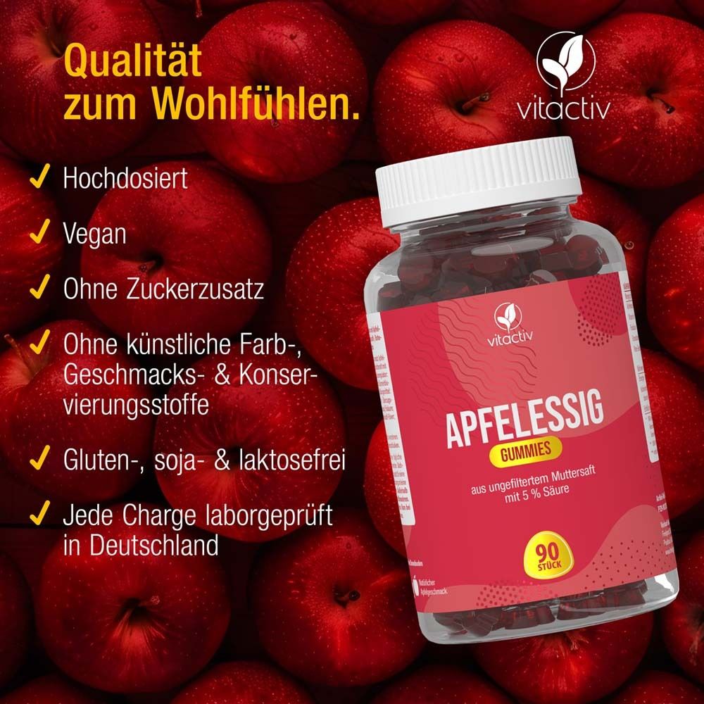 Produktflasche mit Gummies. Text: Apfelessig Gummies, vitactiv Logo, 90 Stück. Hochdosiert, Vegan, ohne Zuckerzusatz, glutenfrei.