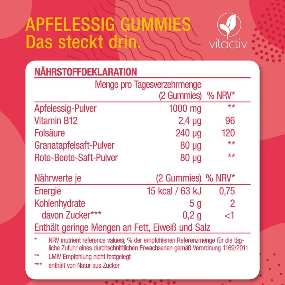 Nährwertdeklaration. Text: Apfelessig-Pulver, Vitamin B12, Folsäure, Granatapfelsaft-Pulver, Rote-Beete-Saft-Pulver. 2 Gummies.