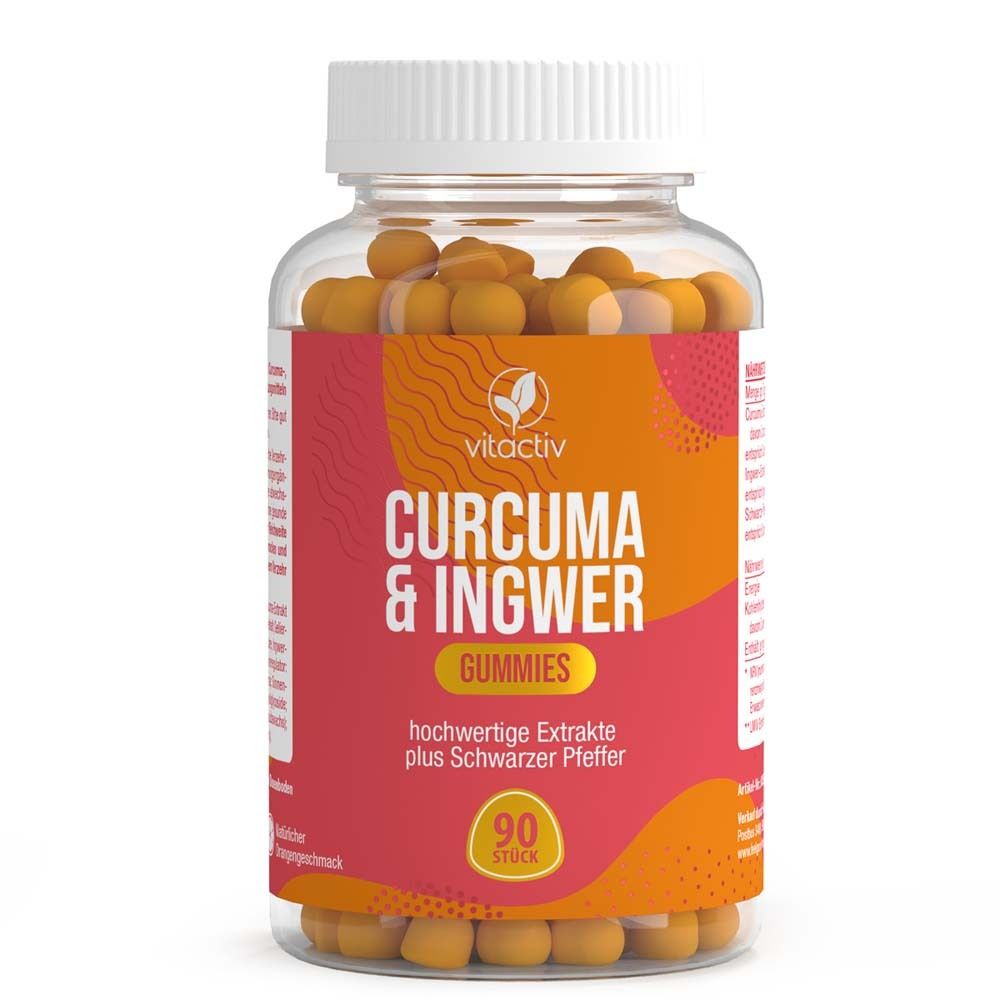 Flacon transparent avec gummies jaunes. Étiquette rouge avec texte: CURCUMA & INGWER Gummies, 90 pièces. Marque: vitactiv.