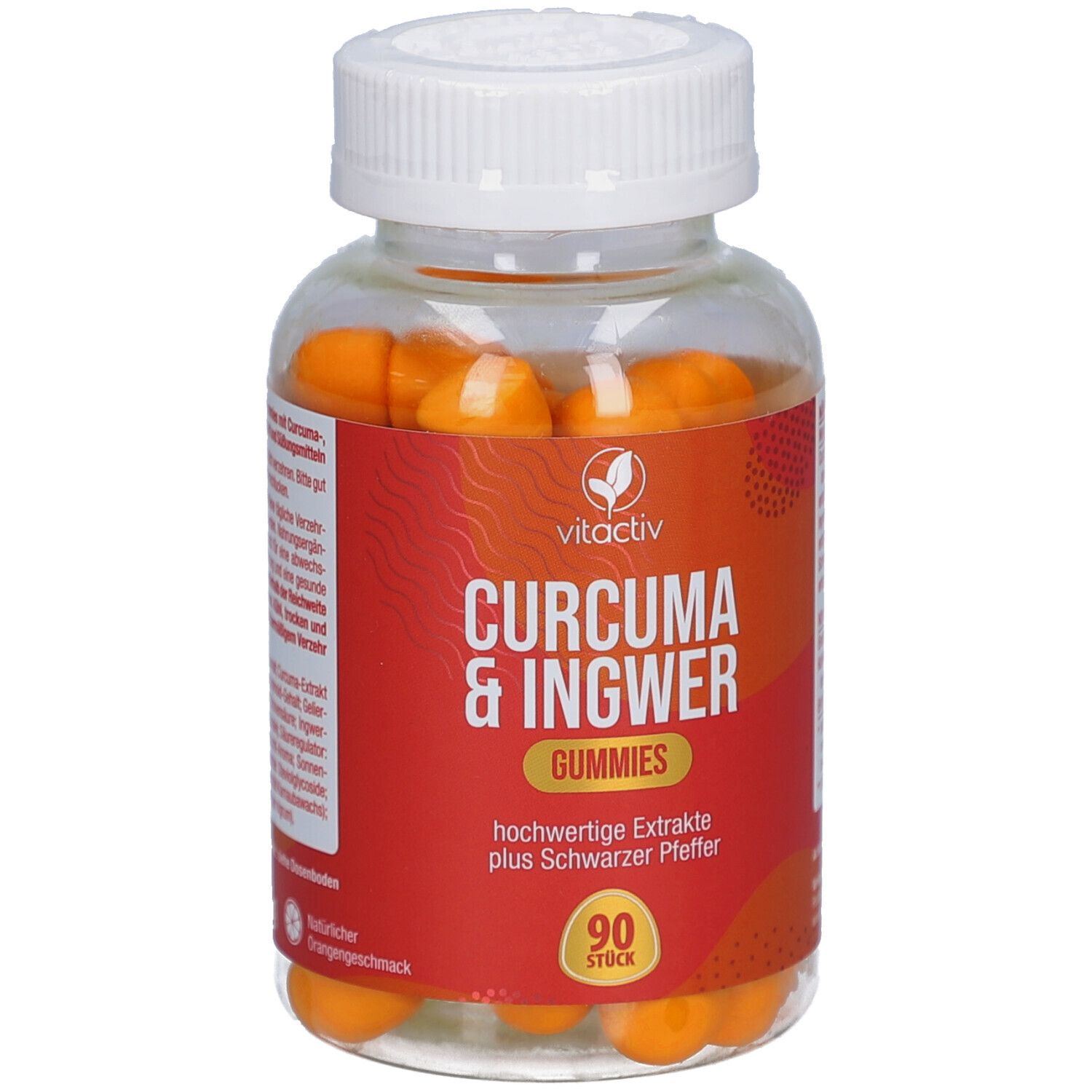Flacon avec gummies jaunes. Étiquette rouge avec texte: CURCUMA & INGWER Gummies, 90 pièces. Marque: vitactiv.