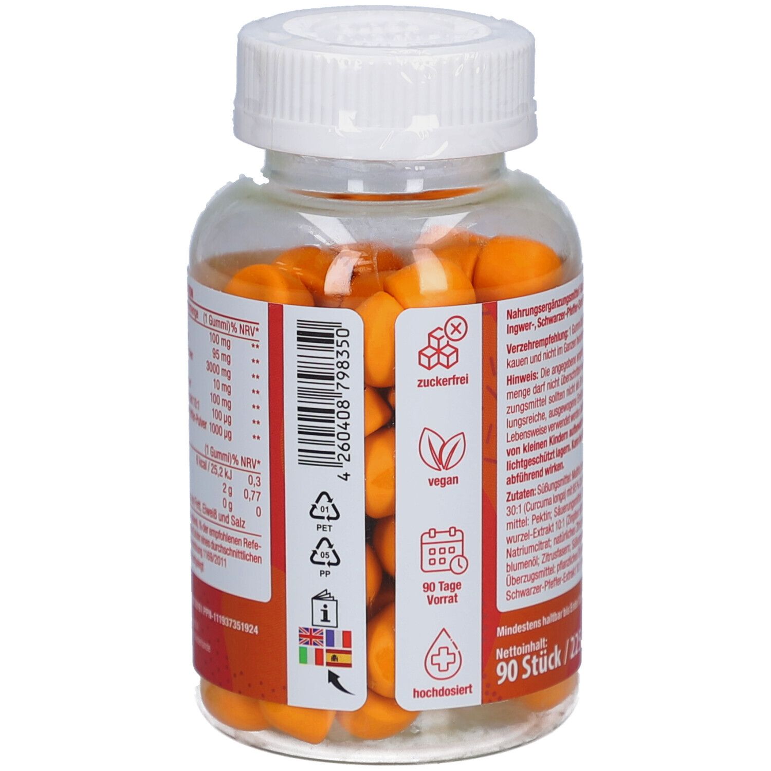 Dos du flacon avec gummies jaunes. Texte et informations nutritionnelles. Approvisionnement pour 90 jours. Vegan.