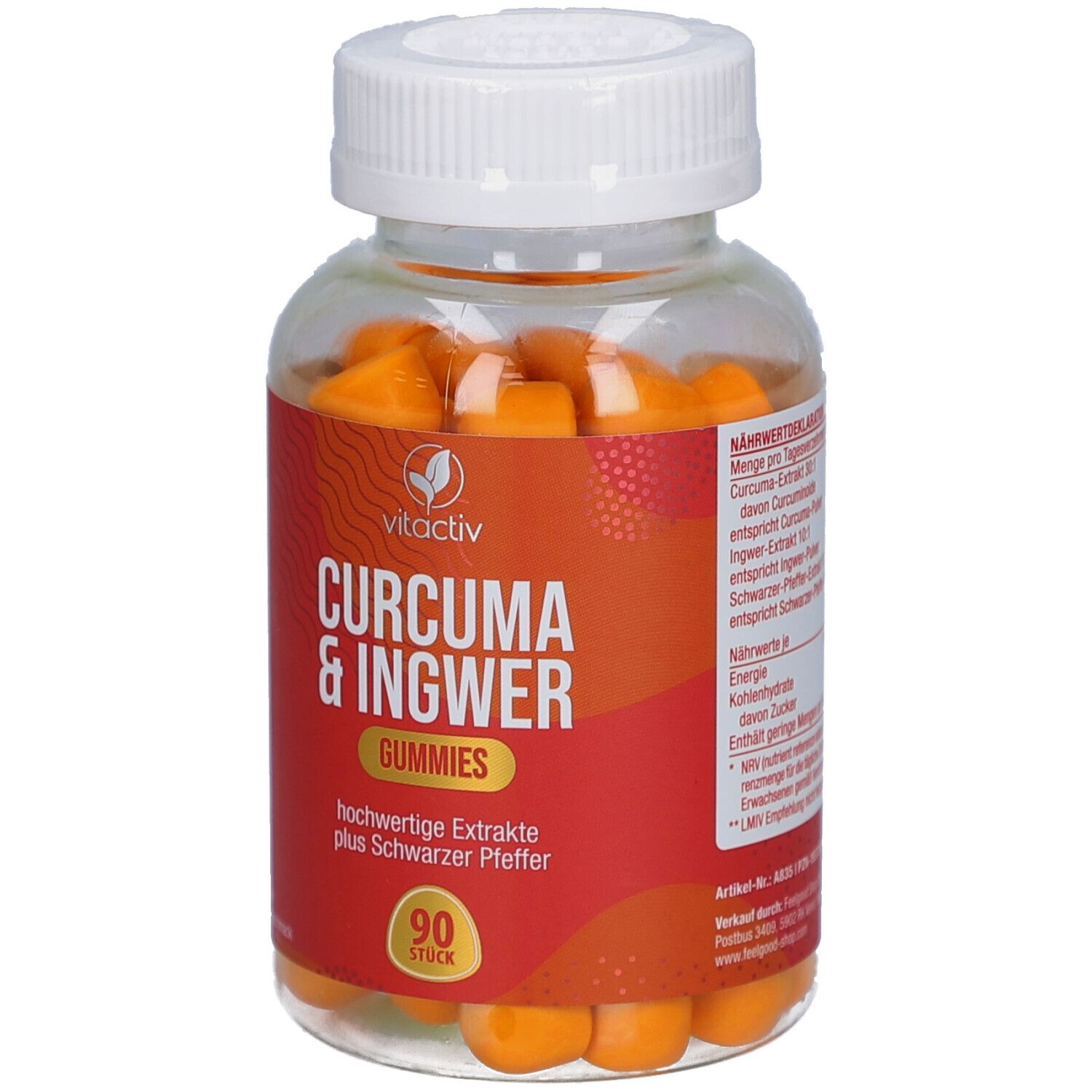 Flacon avec gummies jaunes. Étiquette rouge avec texte: CURCUMA & INGWER Gummies, 90 pièces. Marque: vitactiv.