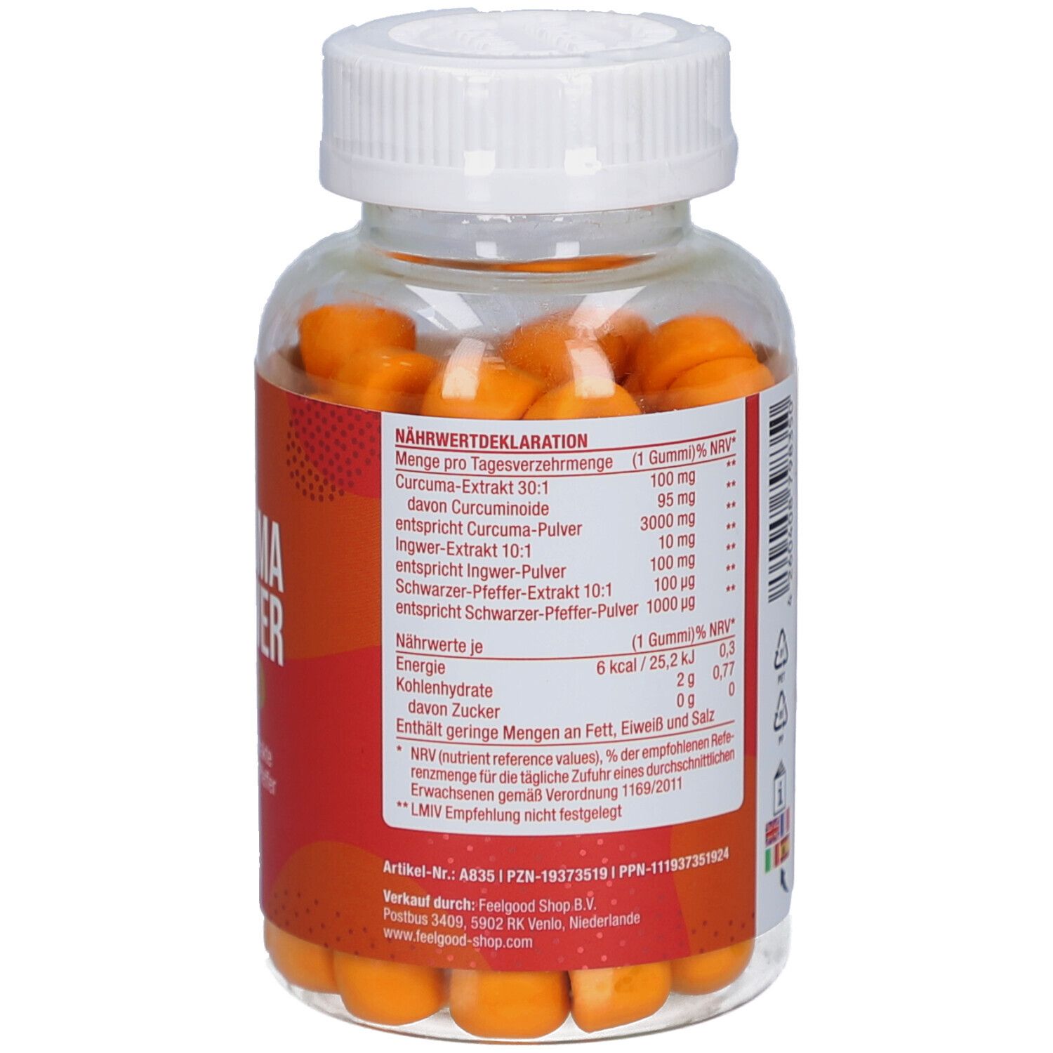 Dos du flacon avec gummies jaunes. Tableau nutritionnel. Contient extrait de curcuma, gingembre et poivre.