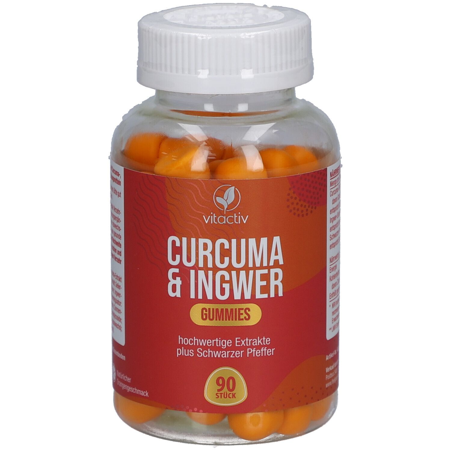 Flacon avec gummies jaunes. Étiquette rouge avec texte: CURCUMA & INGWER Gummies, 90 pièces. Marque: vitactiv.