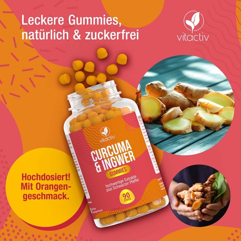 Flacon de gummies, entouré de gingembre et de curcuma. Étiquette rouge avec texte: CURCUMA & INGWER Gummies, 90 pièces.