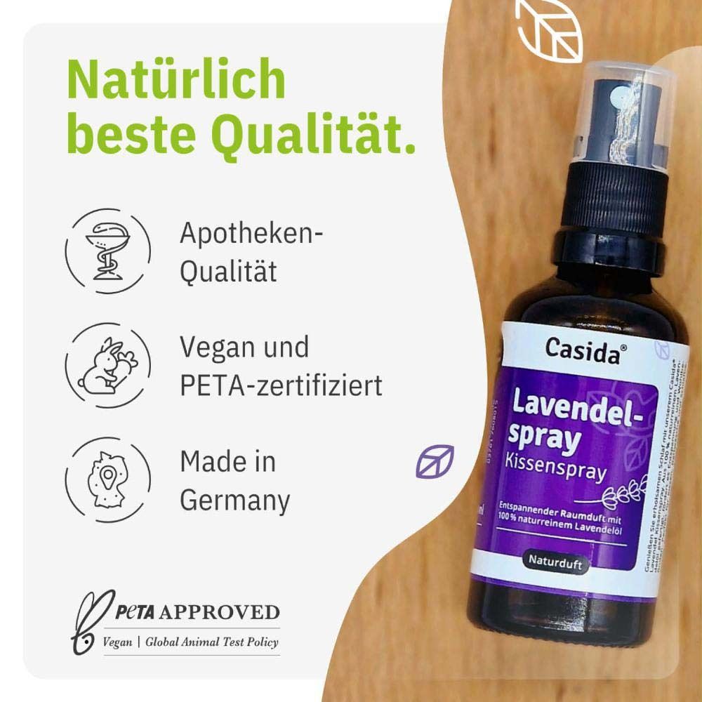 Flacon de produit avec texte. Texte: Naturellement la meilleure qualité. Qualité pharmacie, Vegan et certifié PETA, Fabriqué en Allemagne.