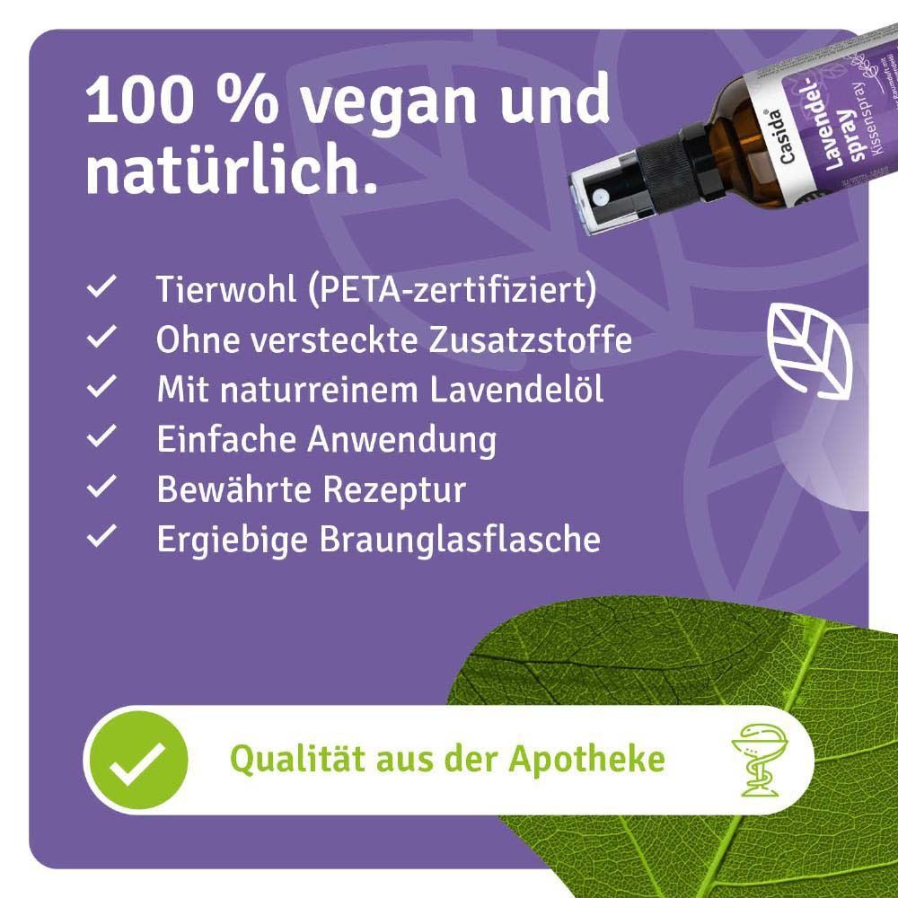 Flacon de produit avec texte. Texte: 100 % végétalien et naturel. Bien-être animal (certifié PETA), sans additifs cachés, avec huile essentielle de lavande pure.