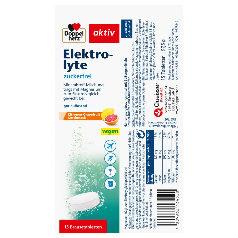 Rückseite einer Röhrenverpackung mit 15 zuckerfreien Elektrolyt-Brausetabletten von Doppelherz, mit Nährwertangaben.