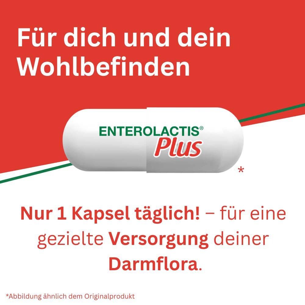 Gélule Enterolactis Plus. Texte: Seulement 1 gélule par jour ! Pour un soin ciblé de votre flore intestinale.
