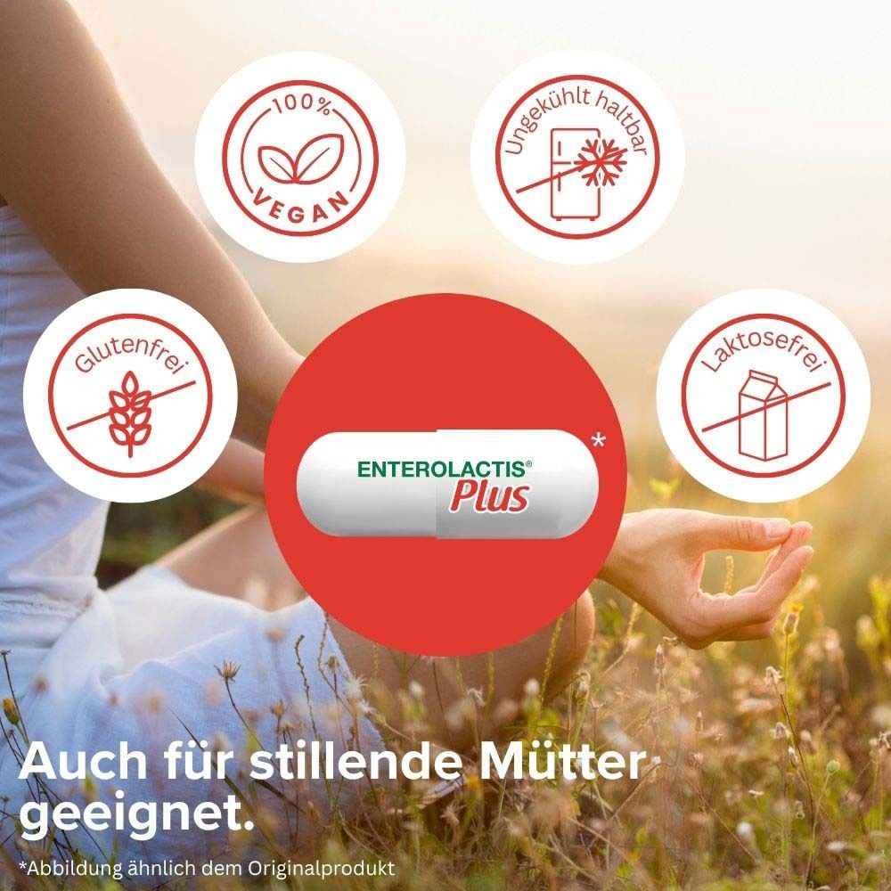 Gélule Enterolactis Plus. Symboles: 100% Vegan, Sans gluten, Se conserve au frais, Sans lactose. Pour mères allaitantes.