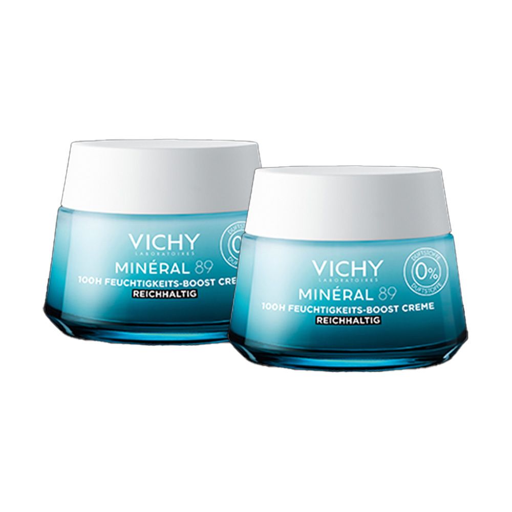 Deux pots de crème Vichy Minéral 89. Pots bleus avec couvercles blancs. Inscription : Vichy, Minéral 89, 100h Feuchtigkeits-Boost Creme.