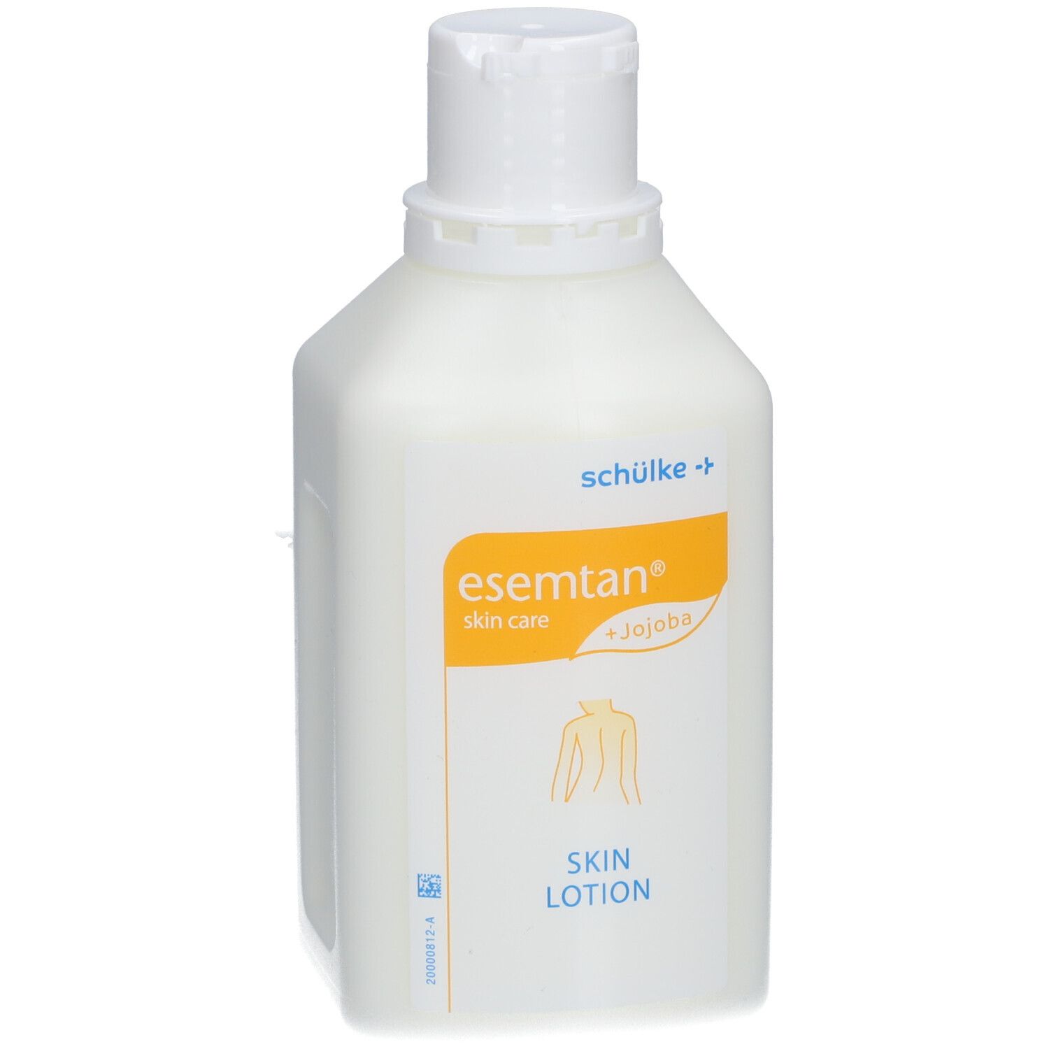 Flasche Hautlotion. Weißes Gefäß mit Klappverschluss. Aufkleber mit Produktnamen und Inhaltsstoffen.