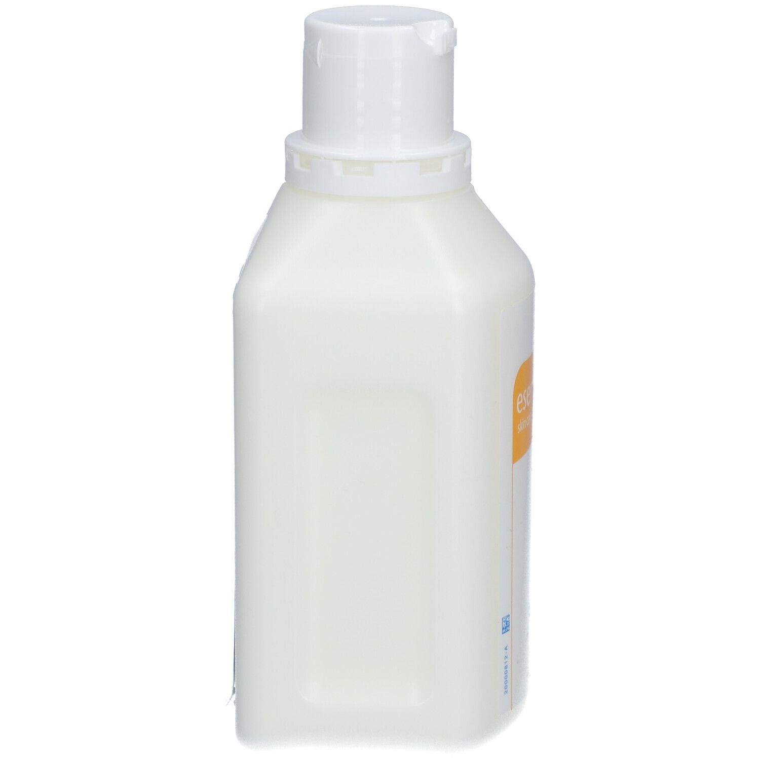 Flasche Hautlotion. Weißes, rechteckiges Gefäß mit Klappverschluss. Seitenansicht.
