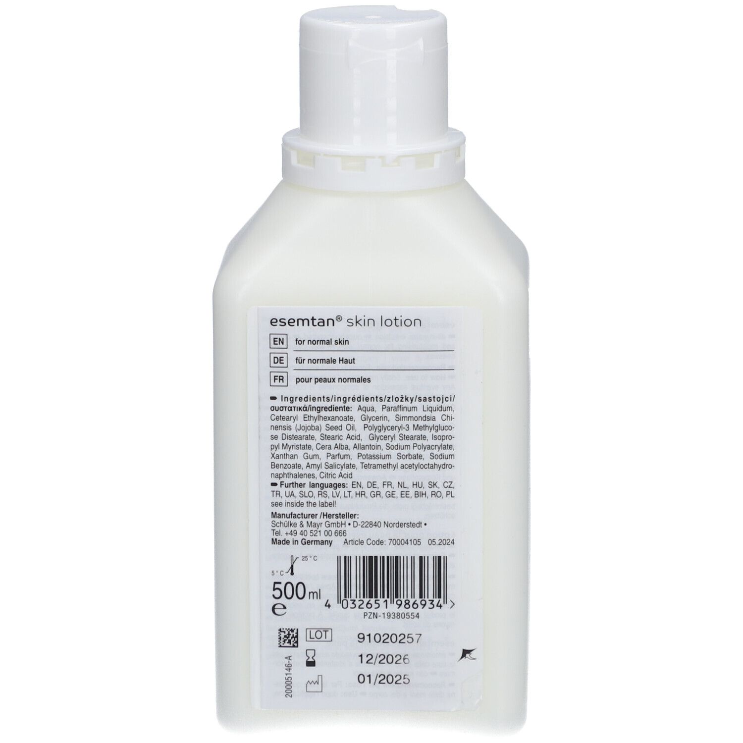 Rückseite der Hautlotion-Flasche. Enthält Produktinformationen, Inhaltsstoffe und Herstellerdetails.