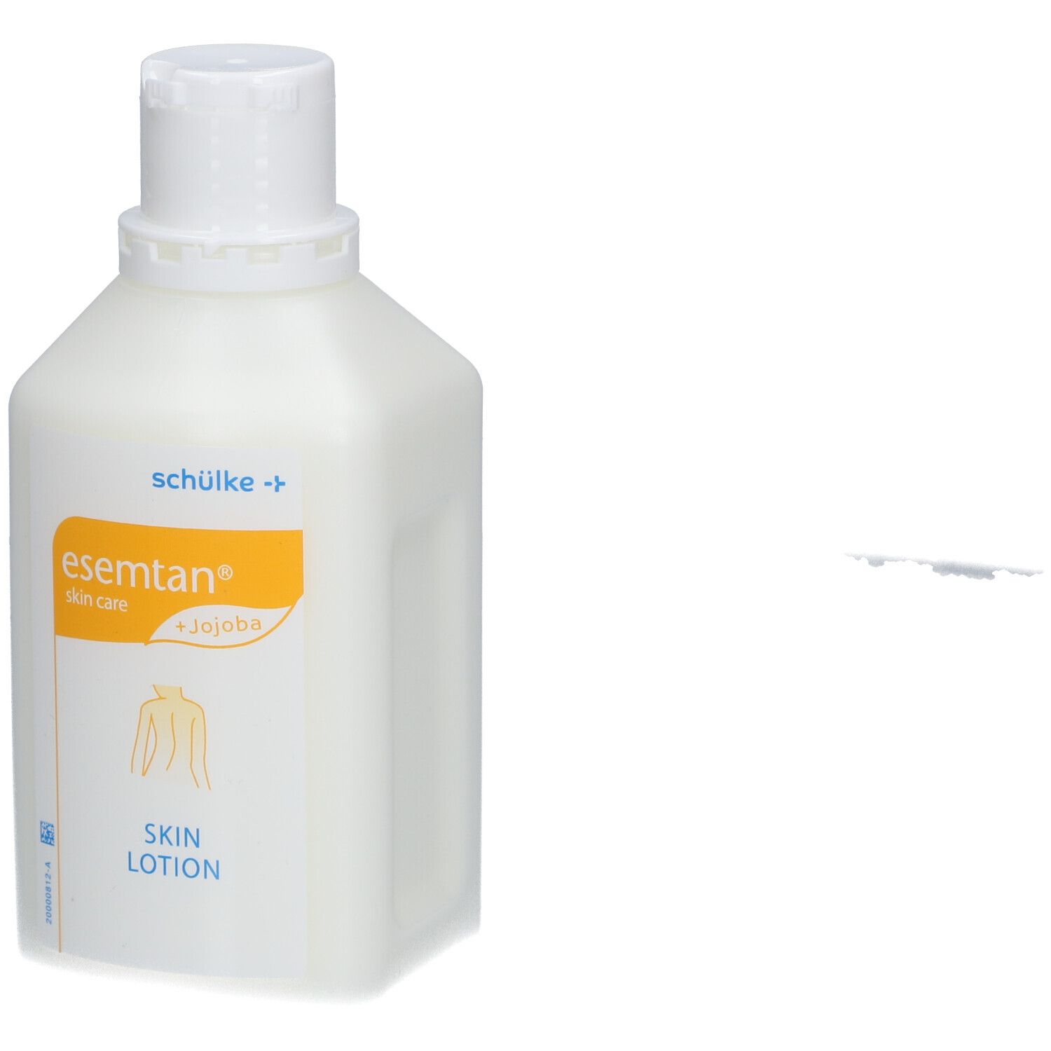 Flasche Hautlotion. Weißes Gefäß mit Klappverschluss. Aufkleber mit Produktnamen und Inhaltsstoffen.