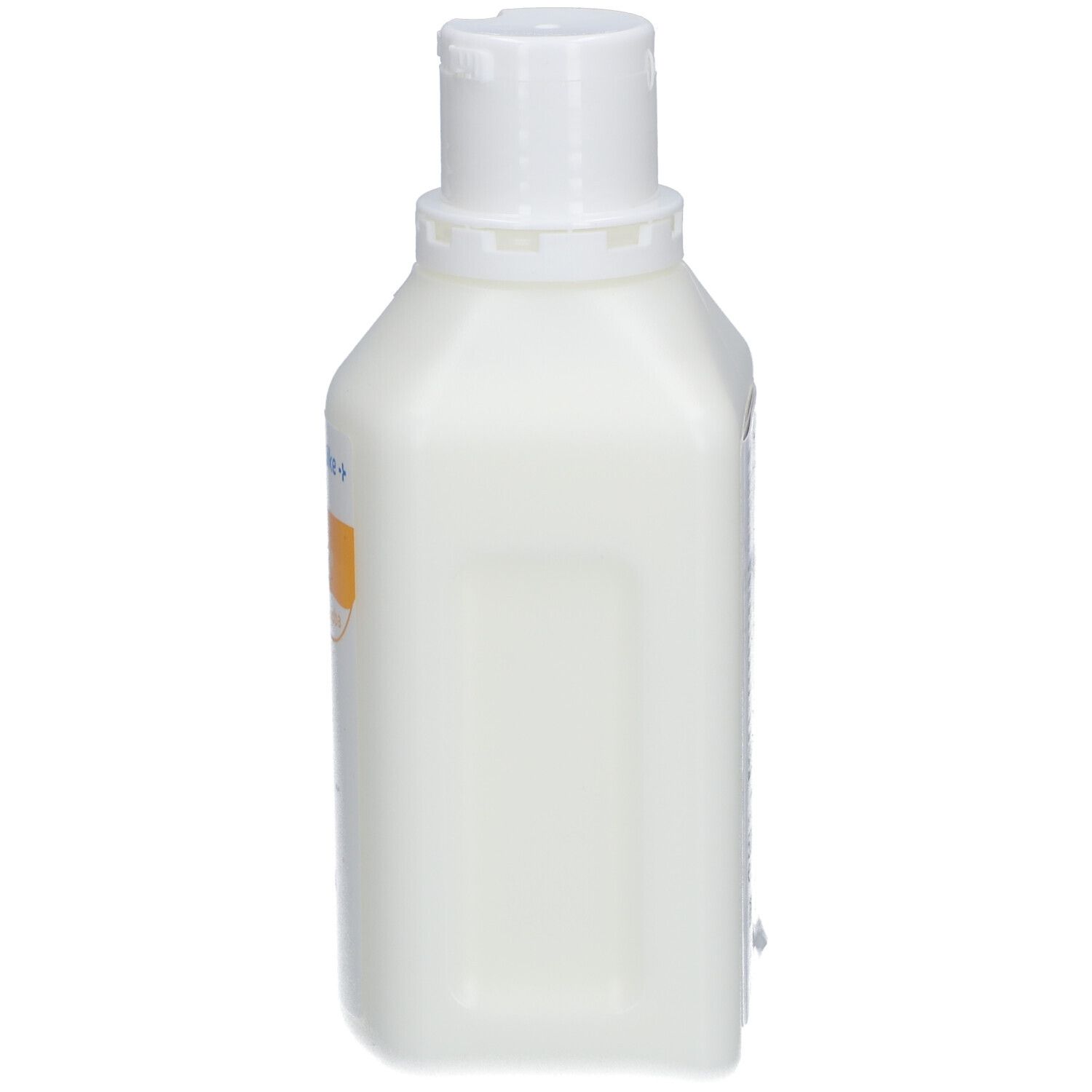 Flasche Hautlotion. Weißes, rechteckiges Gefäß mit Klappverschluss. Seitenansicht.
