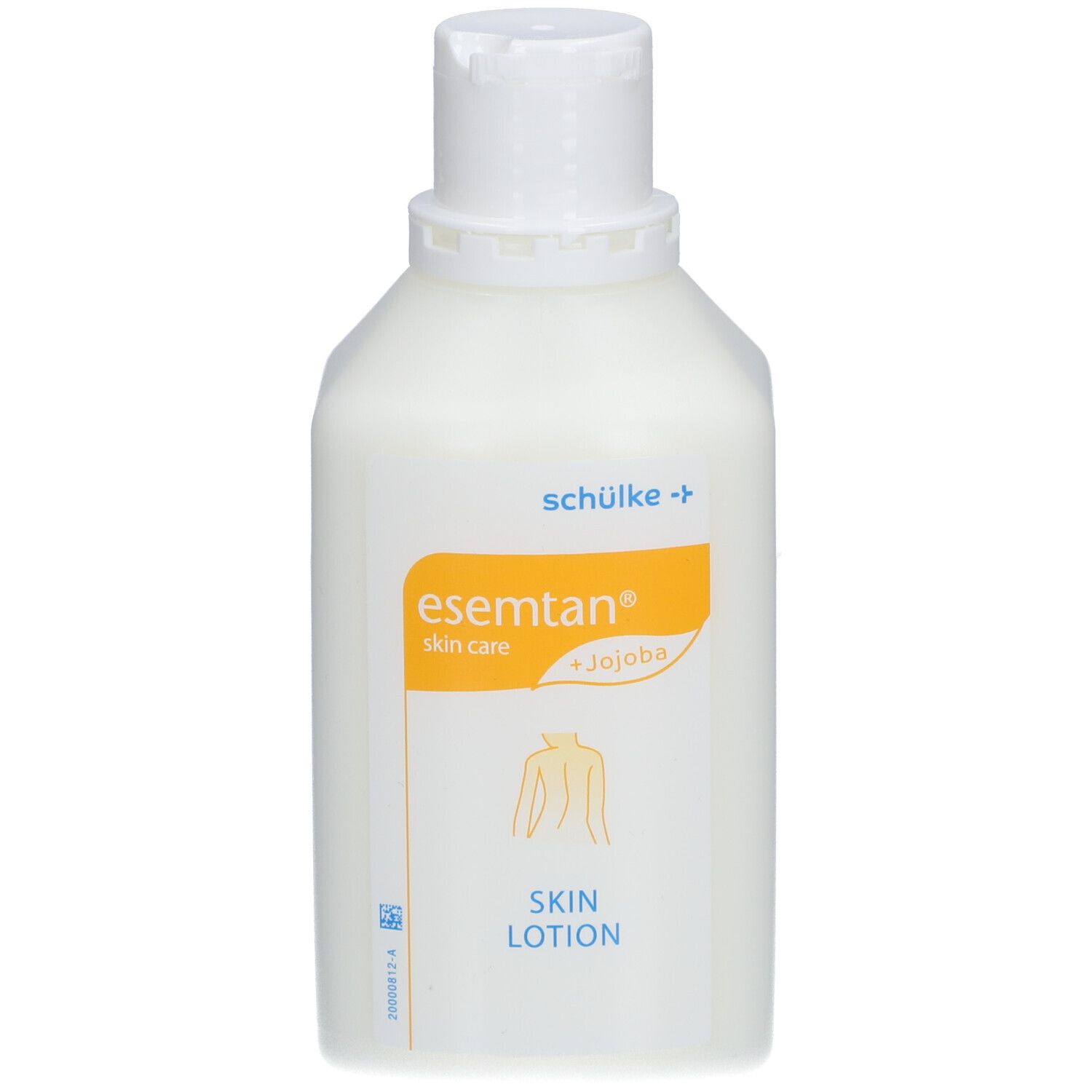 Flasche mit Hautlotion. Weißes Gefäß mit Klappverschluss. Aufkleber mit Produktnamen und Inhaltsstoffen.