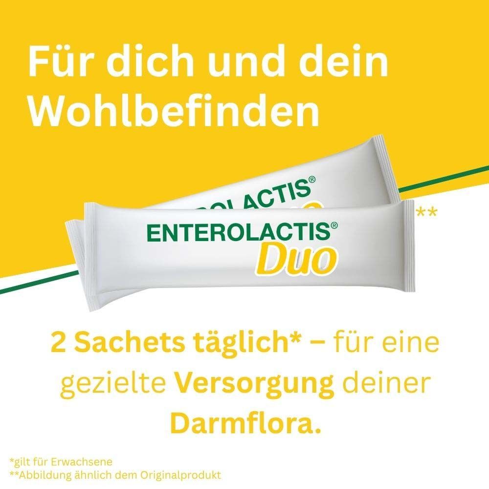Deux sachets Enterolactis Duo. Texte: 2 sachets par jour. Pour un soin ciblé de la flore intestinale.