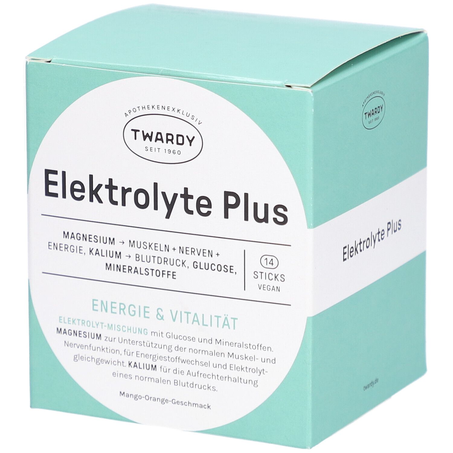 Türkisgrüne Schachtel mit "Elektrolyte Plus" und "TWARDY" Logo. Enthält 14 Sticks. Mango-Orange Geschmack.
