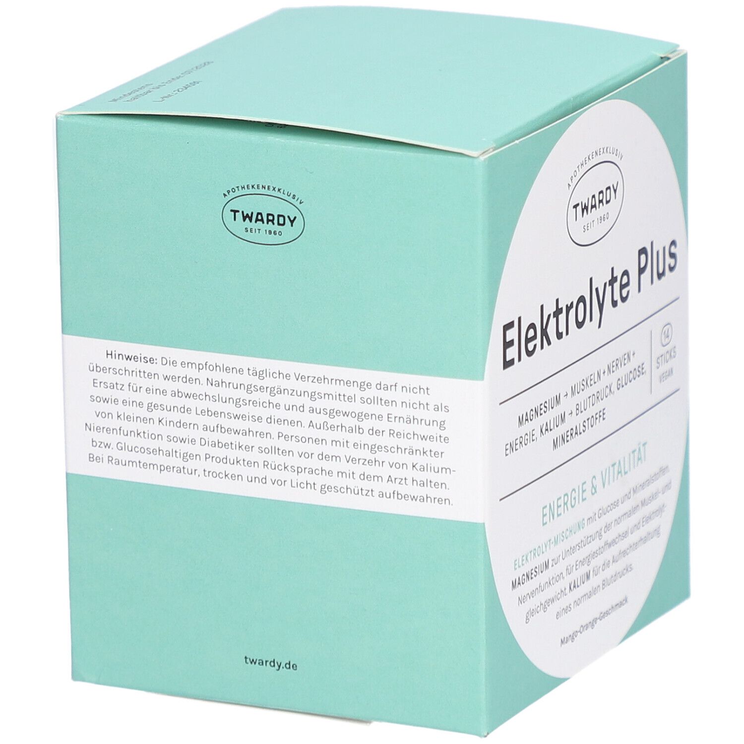 Türkisgrüne Schachtel mit "Elektrolyte Plus" und "TWARDY" Logo. Enthält Hinweise. Eckige Form.