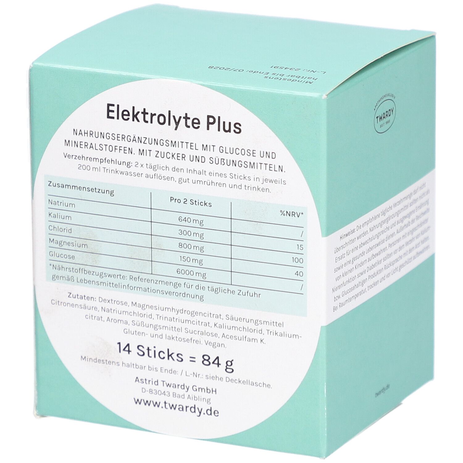 Türkisgrüne Schachtel mit "Elektrolyte Plus". Enthält Nährwertangaben und Inhaltsstoffe. 14 Sticks = 84g.