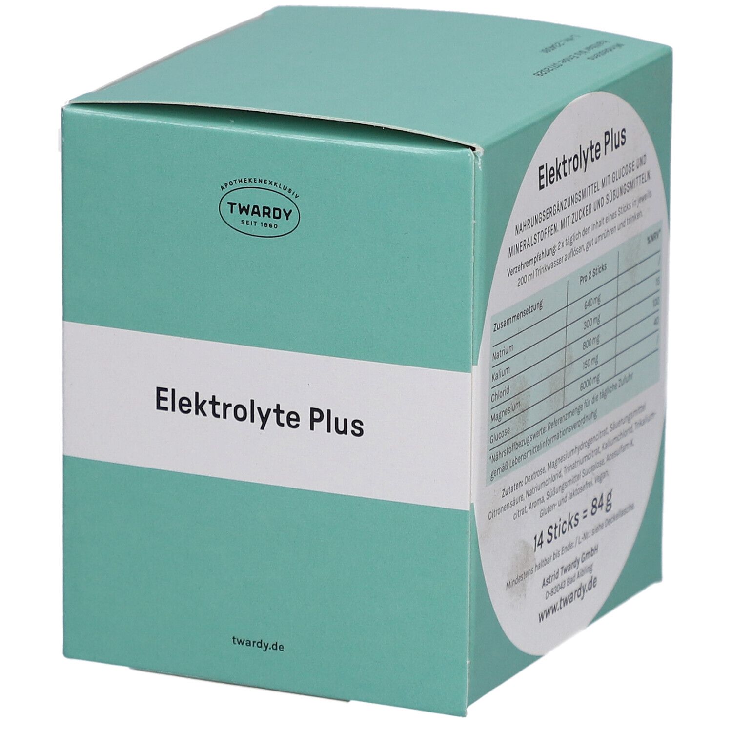 Türkisgrüne Schachtel mit "Elektrolyte Plus" und Nährwertangaben. 14 Sticks = 84g. Eckige Form.