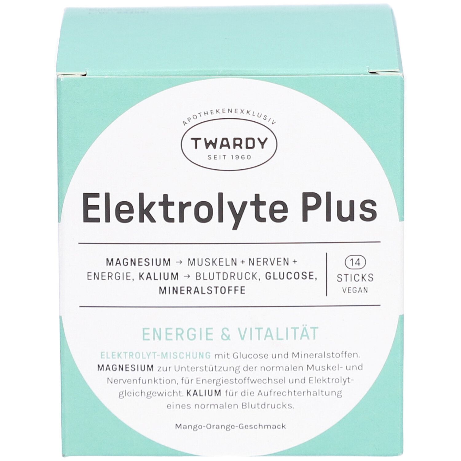 Türkisgrüne Schachtel mit "Elektrolyte Plus" und "TWARDY" Logo. Enthält 14 Sticks. Mango-Orange Geschmack.