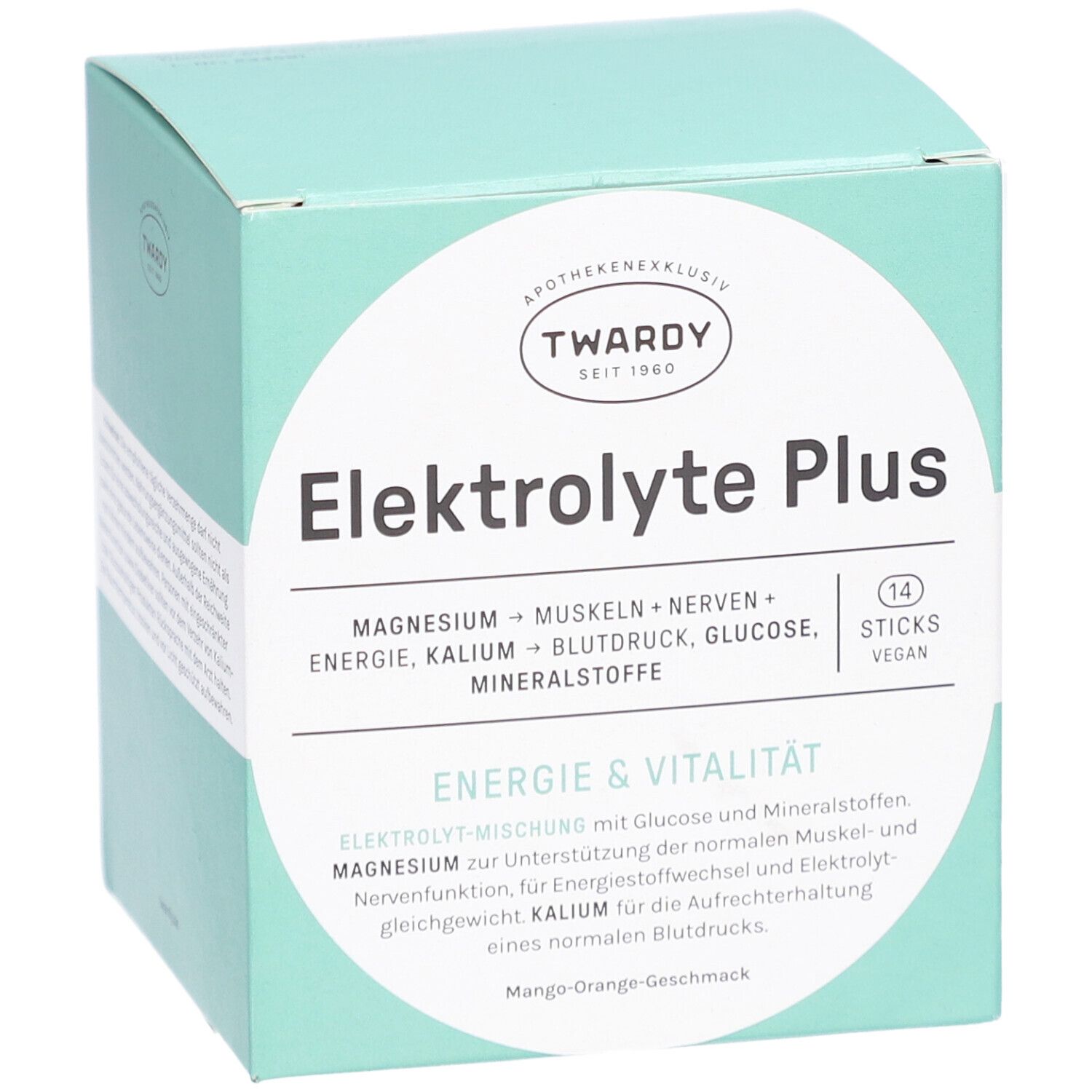 Türkisgrüne Schachtel mit "Elektrolyte Plus" und "TWARDY" Logo. Enthält 14 Sticks. Mango-Orange Geschmack.