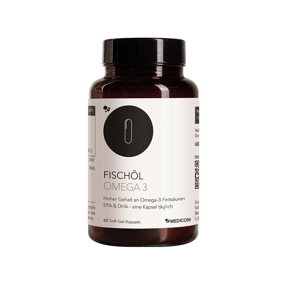 Flacon brun de gélules d'huile de poisson Oméga-3. Bouchon noir, étiquette blanche avec informations et logo.