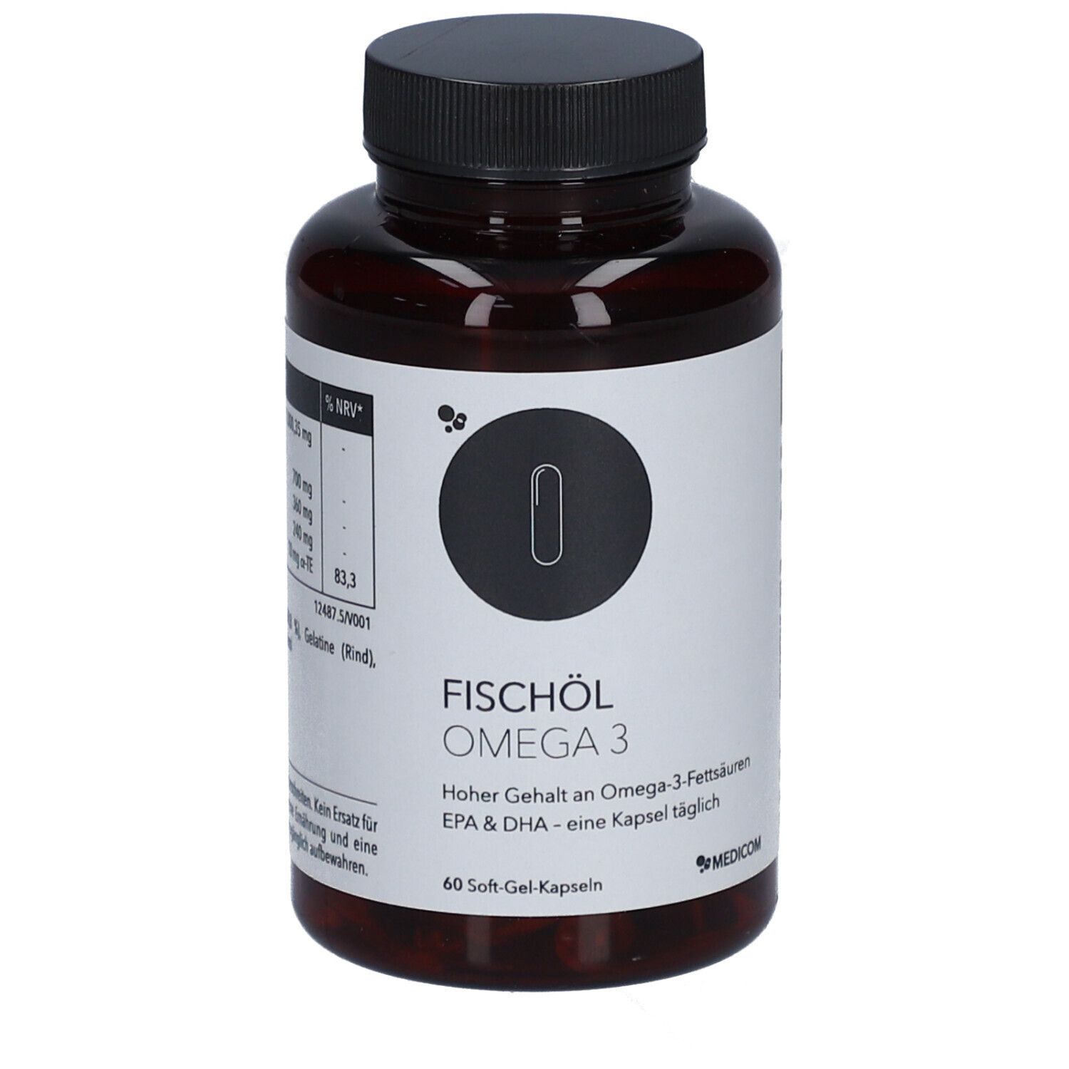 Flacon brun avec bouchon noir. Inscription: Fischöl Omega 3. 60 gélules. Marque: Medicom.