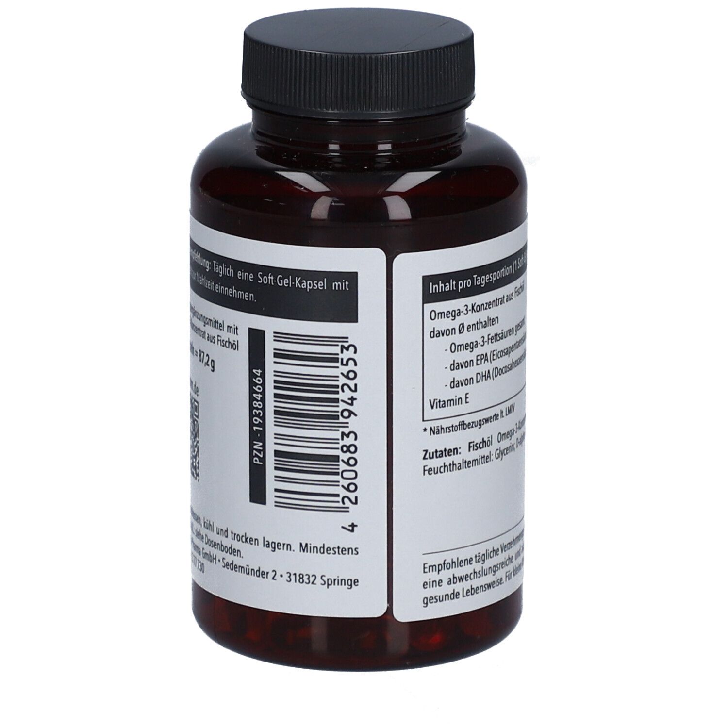 Dos du flacon brun. Code-barres et autres informations. Marque: Medicom.