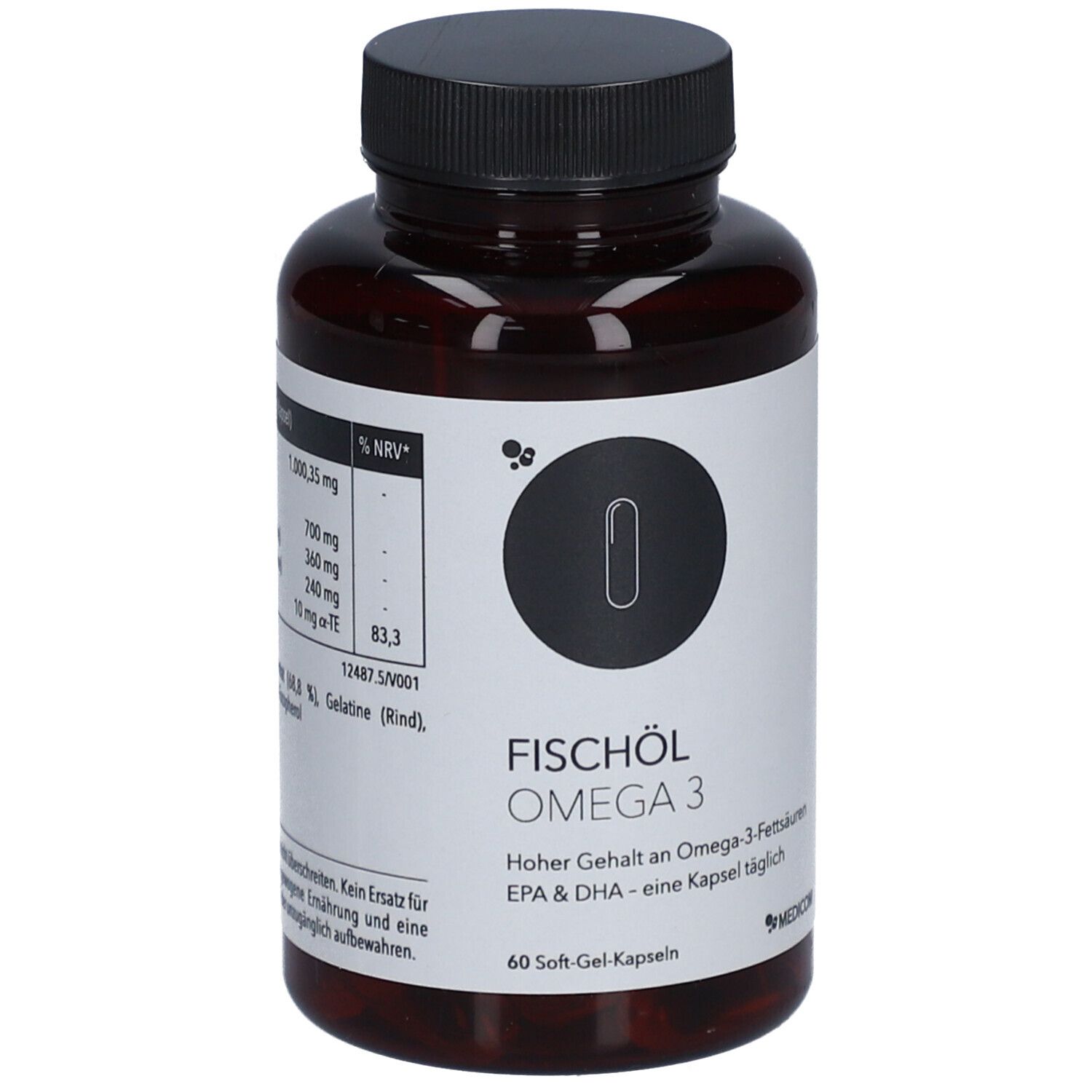 Flacon brun avec bouchon noir. Inscription: Fischöl Omega 3. Marque: Medicom.