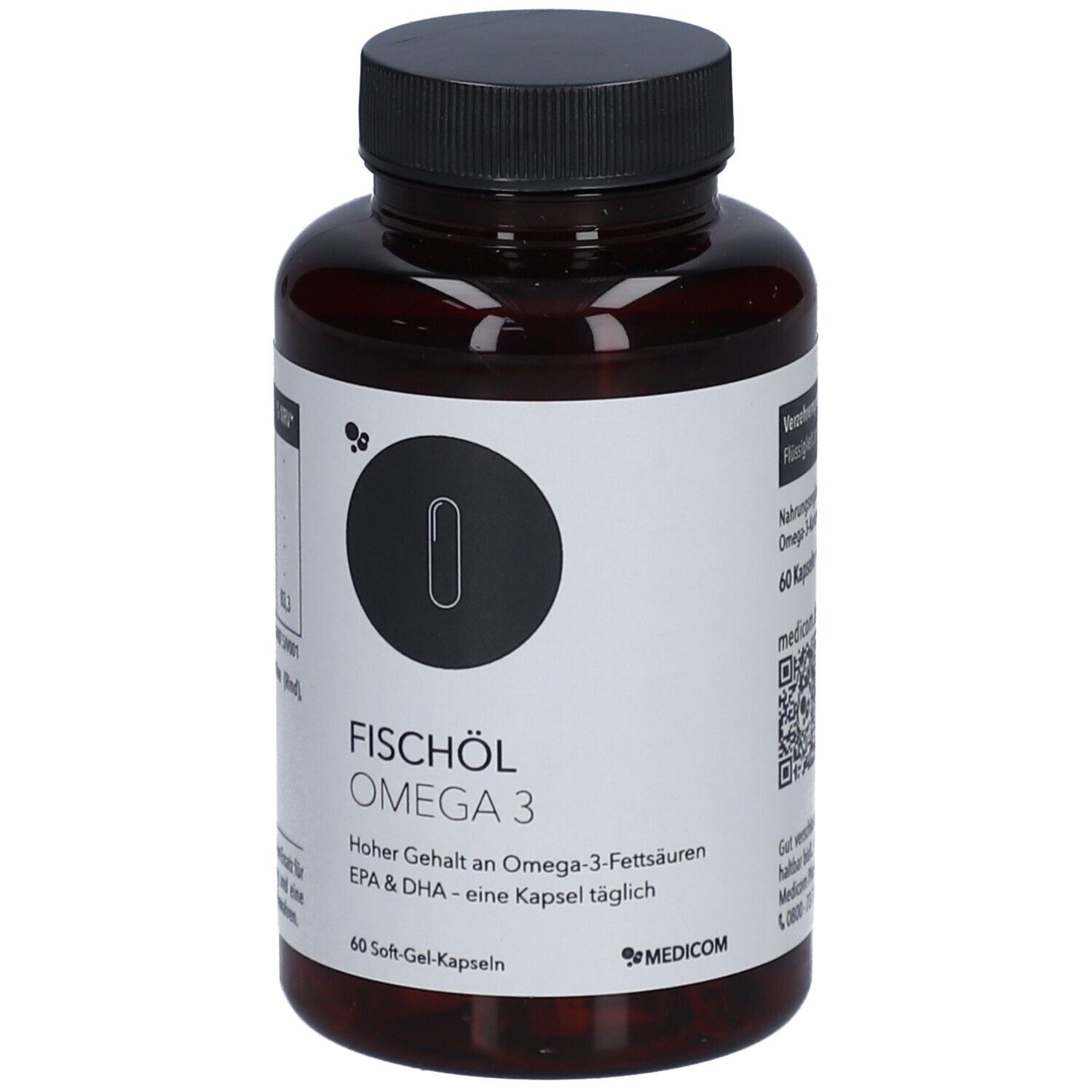Flacon brun avec bouchon noir. Inscription: Fischöl Omega 3. Marque: Medicom.