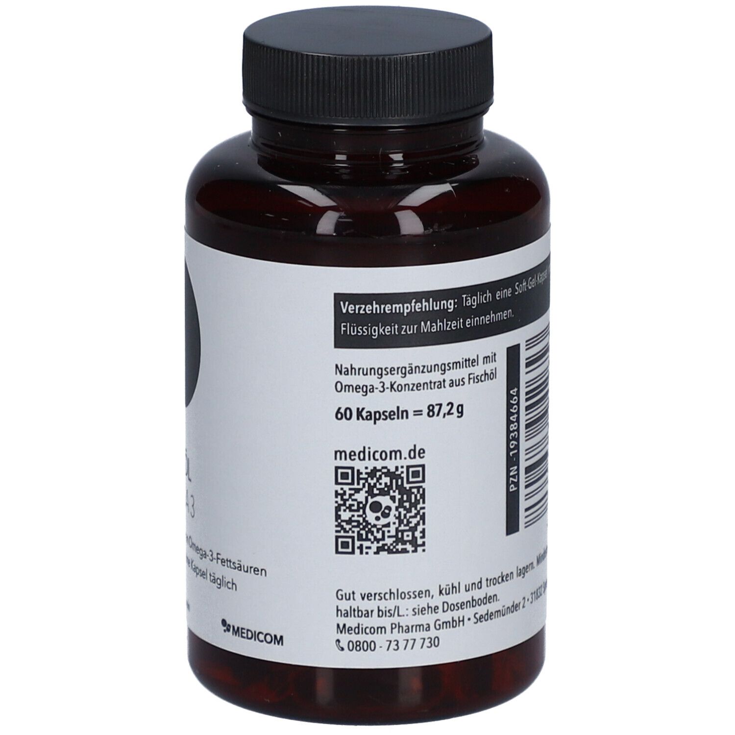 Dos du flacon brun. Informations sur la prise et les ingrédients. Marque: Medicom.